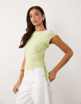 Asos Design Lettuce Edge Cap Sleeve With Ruching Channel In Green