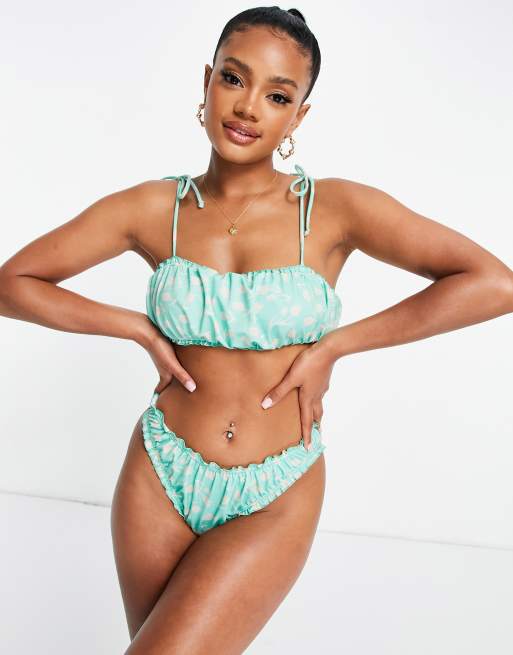 ASOS DESIGN lettuce edge high leg hipster bikini bottom in two tone floral print