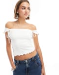 [ASOS DESIGN] ASOS DESIGN lettuce hem bardot top with bow detail in white L WHITE