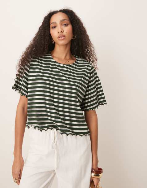 ASOS DESIGN lettuce hem cropped tee in textured green and white stripe - view 1