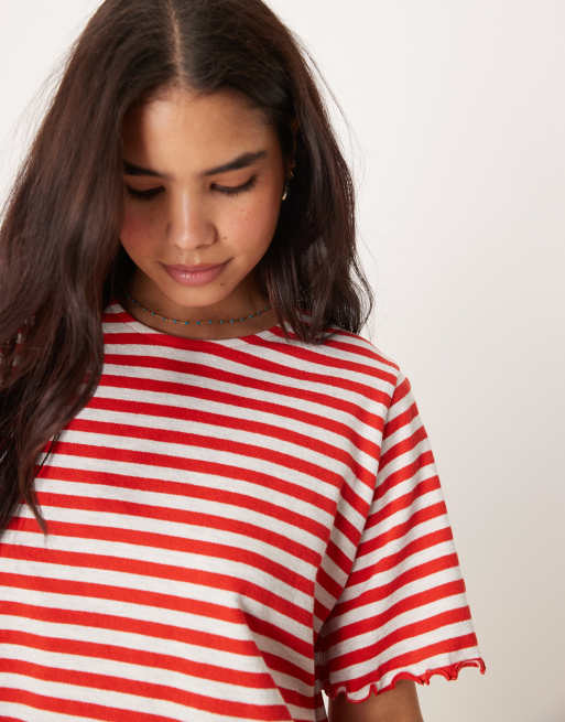 ASOS DESIGN lettuce hem cropped tee in textured red and gray stripe, 3 of 4