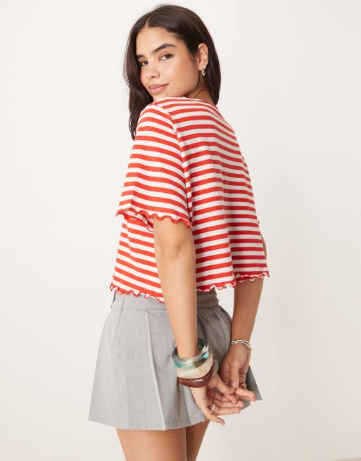 ASOS DESIGN lettuce hem cropped tee in textured red and gray stripe, 4 of 4