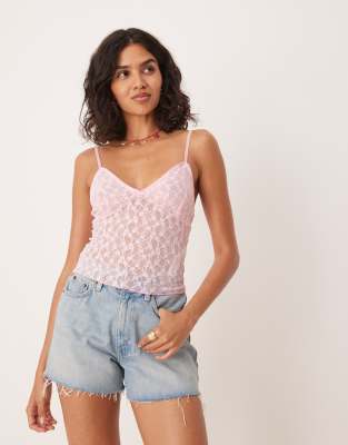 Asos Design Lettuce Hem Lace Cami Top In Pink