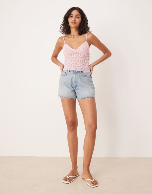 Blue Printed Mesh Strappy Lettuce Hem Cami Top | Tops