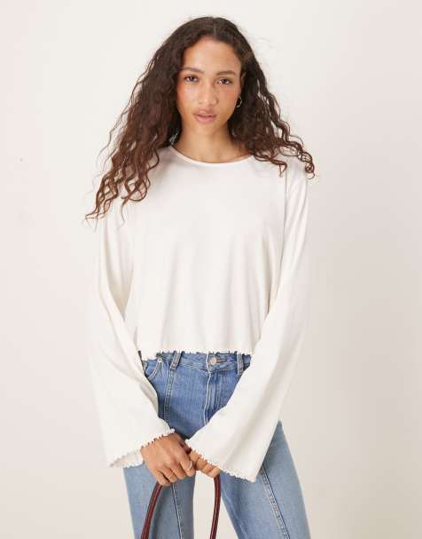 ASOS DESIGN lettuce hem long sleeve t-shirt in cream - view 1