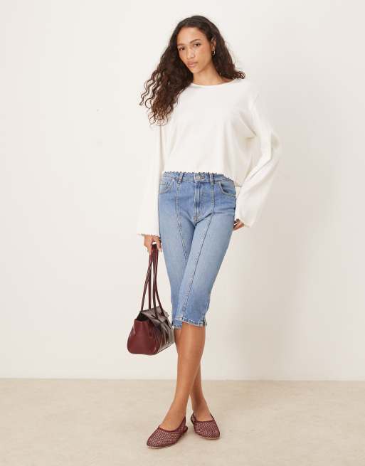 ASOS DESIGN lettuce hem long sleeve t-shirt in cream, 4 of 4