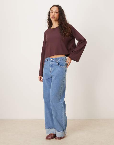 ASOS DESIGN lettuce hem long sleeve t-shirt in fudge - DARK CHOC - view 2