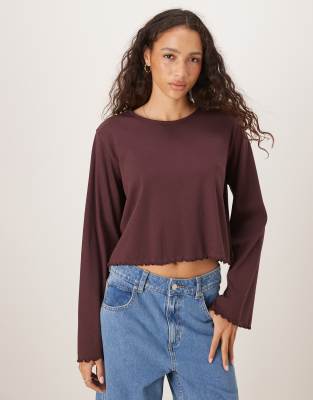 Asos Design Lettuce Hem Long Sleeve T-shirt In Burgundy