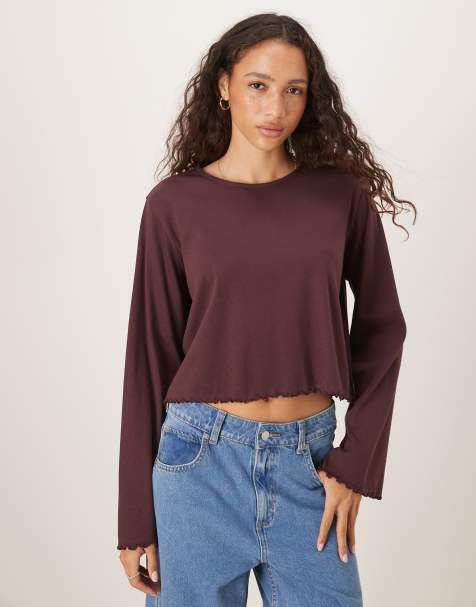ASOS DESIGN lettuce hem long sleeve T-shirt in fudge - view 1