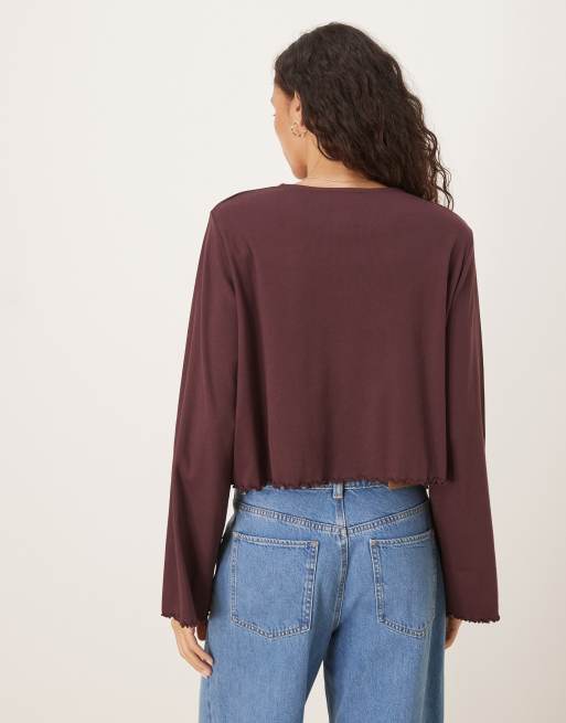 ASOS DESIGN lettuce hem long sleeve t-shirt in fudge, 3 of 4
