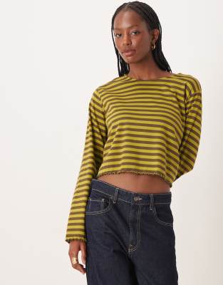 Asos Design Lettuce Hem Long Sleeve T-shirt In Gold