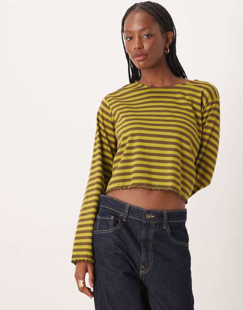 ASOS DESIGN lettuce hem long sleeve t-shirt in olive stripe