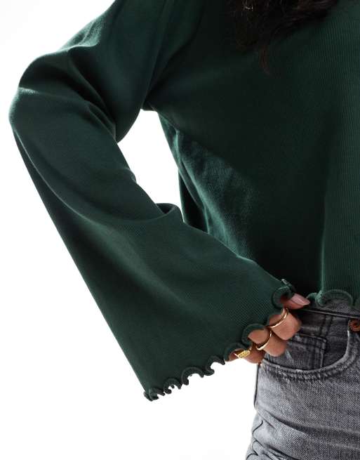 ASOS DESIGN lettuce hem long sleeve t-shirt in pine green, 3 of 4