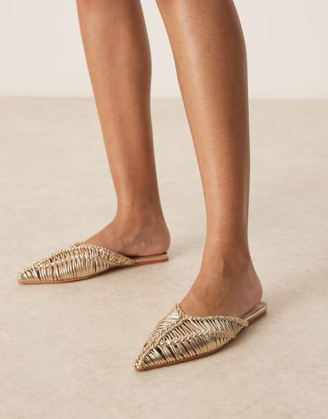 ASOS DESIGN Levant pointed flat mules in gold weave - view 1