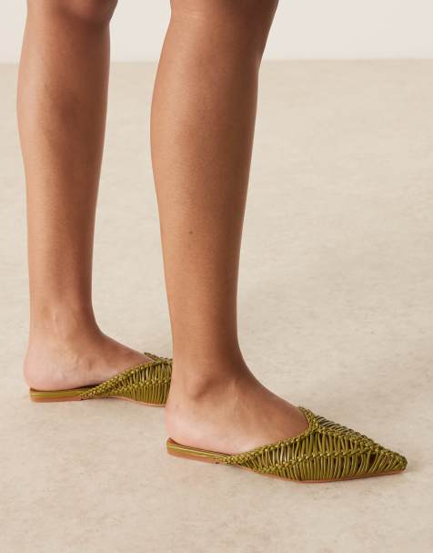 ASOS DESIGN Levant pointed flat mules in green weave - view 1