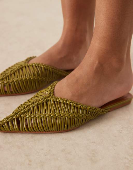ASOS DESIGN Levant pointed flat mules in woven green