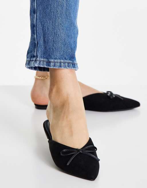 Black pointed store mules flat