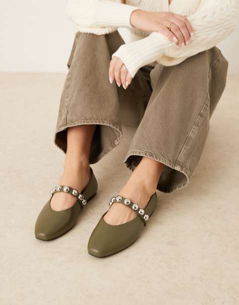 ASOS DESIGN Lexa studded Mary Jane ballets in khaki - view 1