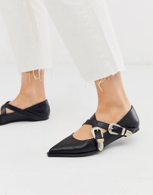 ASOS DESIGN Lexicon pointed western flats with buckle in black | ASOS