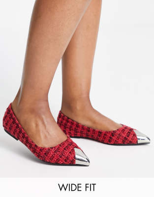 ASOS DESIGN - Lexy - Ballerinas aus Tweed in Rot mit Zehenkappe aus Metall, weite Passform