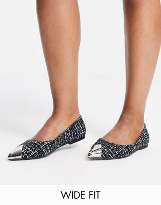 ASOS DESIGN - Lexy - Ballerinas aus Tweed in Schwarz mit Zehenkappe aus Metall, weite Passform