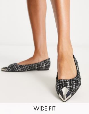 Asos Design Wide Fit Lexy Metal Toe Cap Ballet Flats In Black Tweed