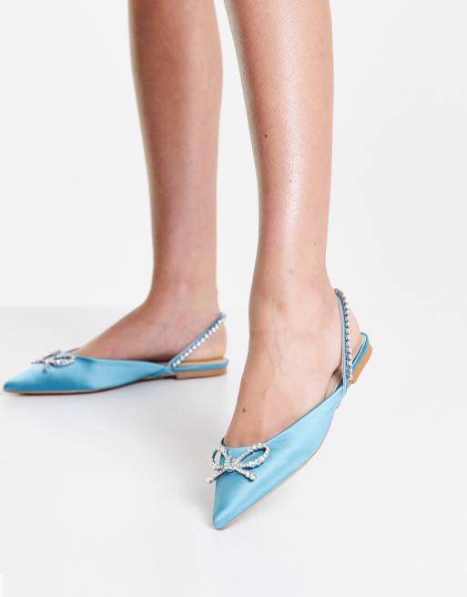 ASOS DESIGN – Liana – Płaskie, niebieskie buty ze spiczastym noskiem, kokardką i paskiem za piętą