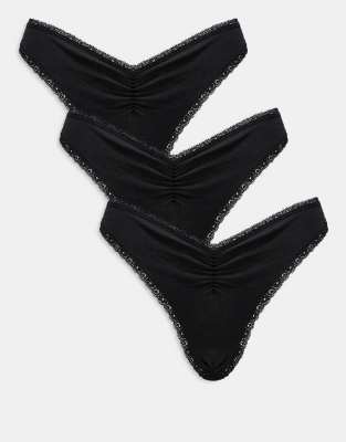 ASOS DESIGN - Libby - 3er-Pack Brazilian-Slips in Schwarz mit hohem Beinausschnitt und geraffter Vorderseite