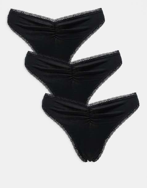 ASOS DESIGN – Libby – Svarta stringtrosor med hög benskärning och rysch framtill, 3-pack - view 1