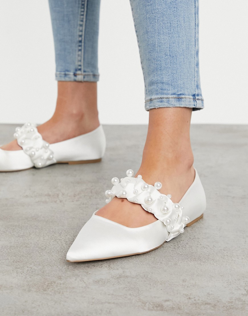 ASOS DESIGN Liberty embellished plaited mary jane pointed ballet flats in ivory-White
