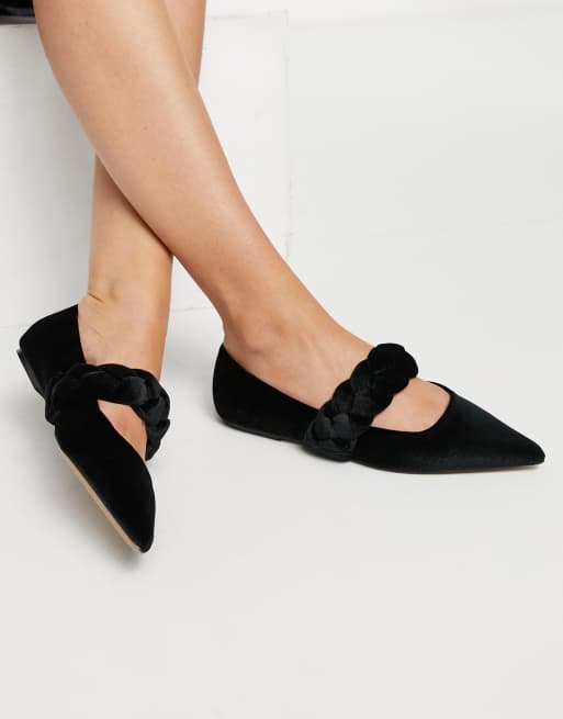 ASOS DESIGN Liberty plaited mary jane pointed ballet flats in black ...