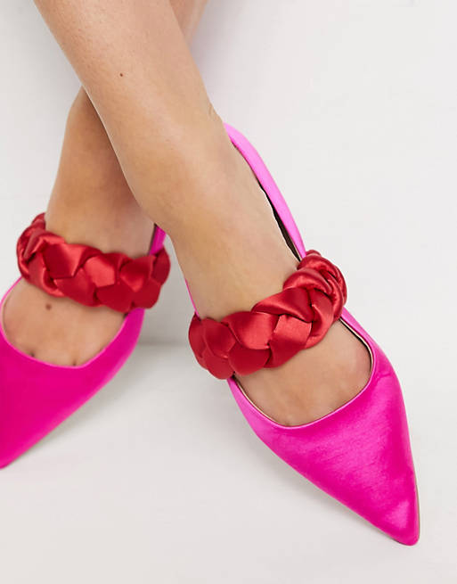 Shoes Flat Shoes/Liberty plaited mary jane pointed ballet flats in pink & red satin 