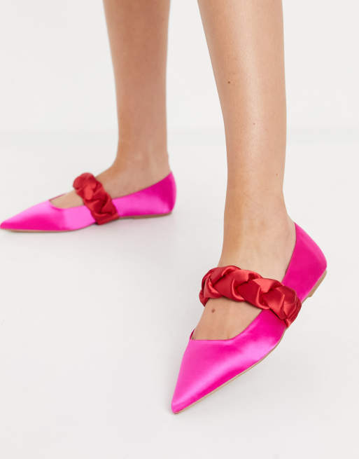 ASOS DESIGN Liberty plaited mary jane pointed ballet flats in pink & red satin, 2 of 4