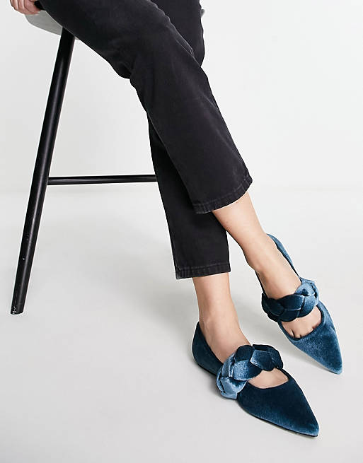  Flat Shoes/Liberty plaited pointed ballet flats in blue velvet 