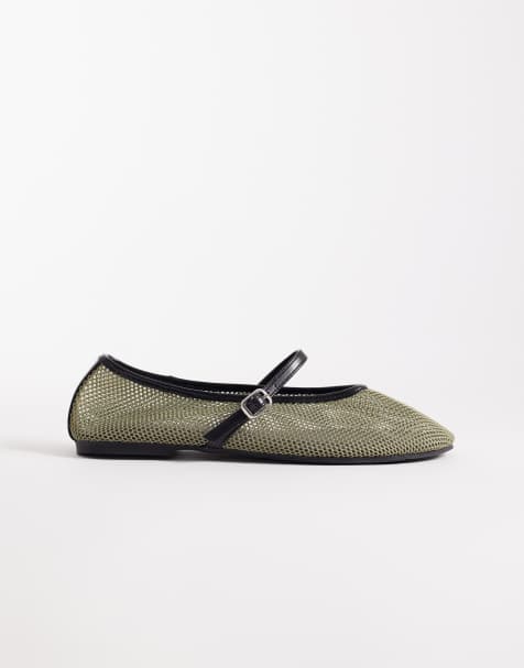 ASOS DESIGN Libra mesh mary jane ballet flats in khaki green - view 1