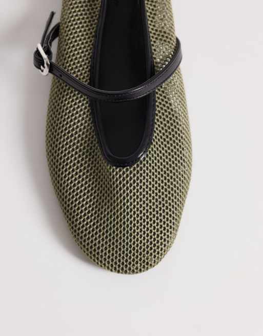 ASOS DESIGN Libra mesh mary jane ballets in khaki, 3 of 4