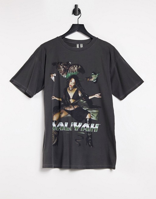 ASOS DESIGN licence t-shirt with Aaliyah in washed charcoal