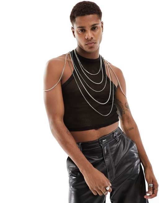 ASOS DESIGN - Lichaamssierraad met schakelketting en groene kristallen in zilverkleur