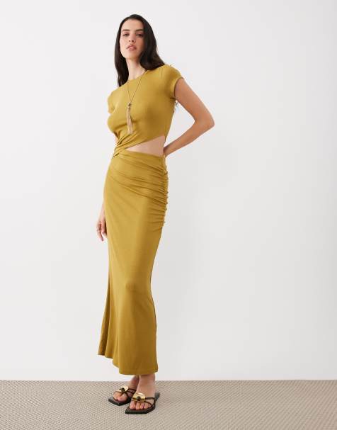 ASOS DESIGN - Licht geribbelde midi jurk met uitsnijding in olijfgroen - view 1