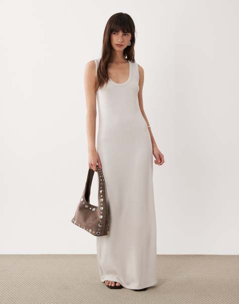 ASOS DESIGN - Lichtgewicht bouclé maxi jurk met lage ronde hals in stone - view 1