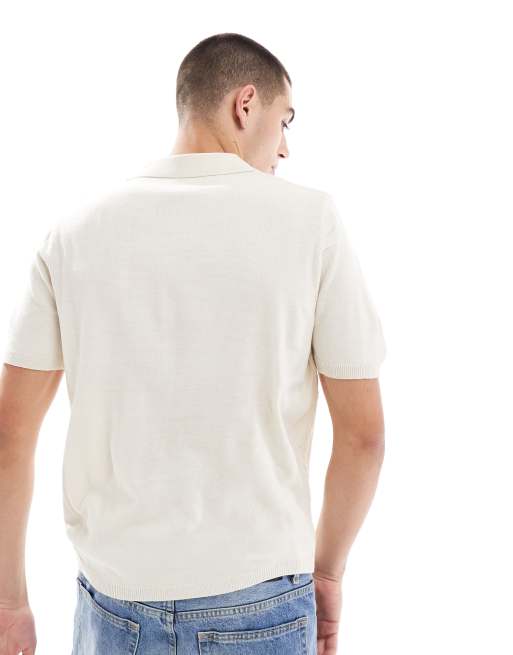 ASOS DESIGN - Lichtgewicht gebreid recht poloshirt in beige, 2 van 4