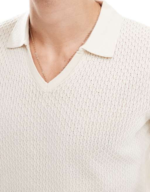 ASOS DESIGN - Lichtgewicht gebreid recht poloshirt in beige, 3 van 4