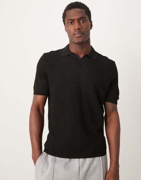 ASOS DESIGN - Lichtgewicht gebreid recht poloshirt met gemêleerde textuur in zwart - view 1
