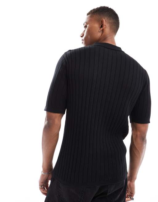 ASOS DESIGN - Lichtgewicht gebreide geribbelde polo met knoopsluiting in zwart, 3 van 4