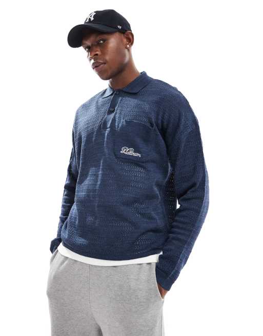 ASOS DESIGN - Lichtgewicht gebreide oversized rechte polo met borduursel in marineblauw