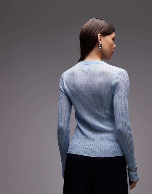 ASOS DESIGN - Lichtgewicht geribbeld doorschijnend gebreid vest in blauw, 4 van 4