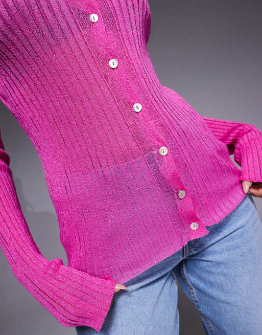 ASOS DESIGN - Lichtgewicht geribbeld doorschijnend gebreid vest in roze, 4 van 4