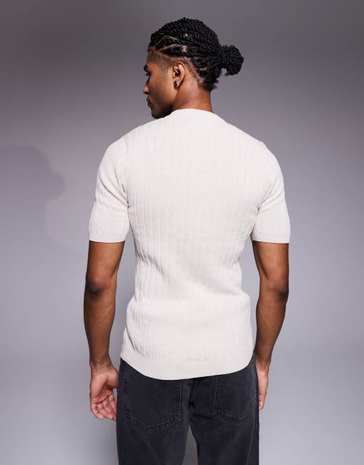 ASOS DESIGN - Lichtgewicht geribbeld gebreid muscle fit T-shirt in stone, 3 van 5