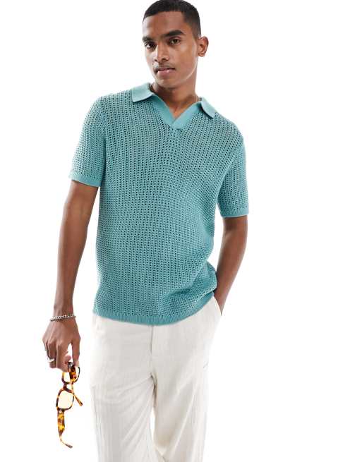 ASOS DESIGN - Lichtgewicht polo van gebreide pointelle met inkeping aan de hals in blauwgroen