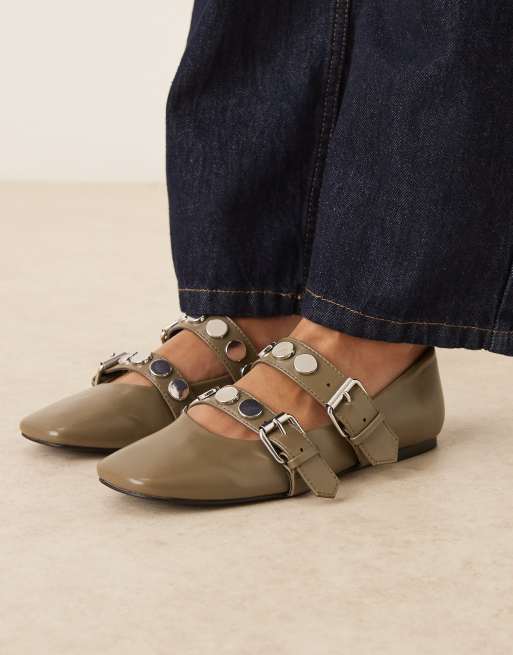 ASOS DESIGN - Liesel - Ballerine Mary Jane kaki con borchie e cinturini doppi, 3 di 4